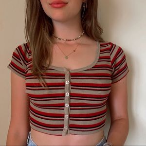 BRANDY MELVILLE Red, Tan & Black Striped Crop Top